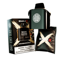 BewolKx 30K 20mg Flavour Pod kit in Arabaccino flavor, featuring a dark green pod device, its black retail box with a nicotine warning label, and a black refill pouch with a gold X logo.