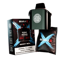 Bewolk X Berry Box 12K 20mg Flavour Pro disposable vape kit, including the dark green vape device, its black retail packaging box, and a black carrying pouch with a blue X logo, set against a plain white background.