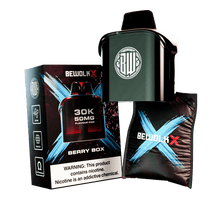 Bewolk X 30K 20MG Flavour Pro disposable vape device in Berry Box flavor, shown with its retail packaging box and a carrying pouch on a white background.