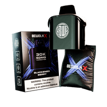Bewolk X 30K 20mg Flavour Pro disposable vape device in Blackened Berry flavor, shown with its retail packaging box and a black carrying pouch on a white background.