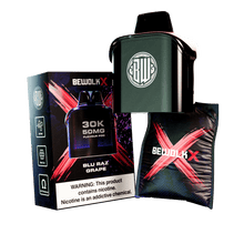 Bewolk X 30K 20MG Flavour Pod in Blu Razz Grape, shown with its retail packaging box, a dark green pod container, and a black refill pouch with a red X logo on a white background.