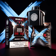 A BEWOLK X disposable vape device and its retail packaging box, both in Berry Box flavor, 30K puffs, 20mg nicotine. The device is black with a circular 'BW' logo on the mouthpiece, and the box features a red and blue graphic design with a white warning label at the bottom.