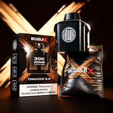 A BEWOLK X 30K 50MG replacement vape kit, featuring a black tank mod device, a matching retail box, and a refill pouch in Tobacco 2.0 flavor, set against a dark background with dramatic golden light streaks.
