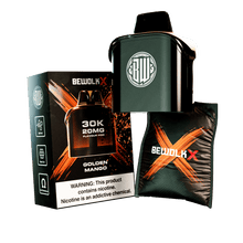 Bewolk X 30K 50MG Golden Mango Flavour Pod kit, including the pod device, its retail packaging box, and a branded replacement filter pouch, shown on a white background.