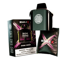 BewolKx 30K 20mg Flavour Pro Pink Zing disposable vape kit, including the dark green vape device, its black retail box, and a black flavor pod packet on a white background.
